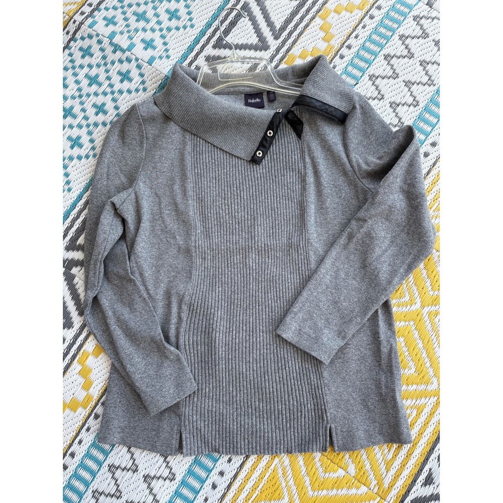 Rafaella Gray Asymmetrical Snap Collar Ribbed Front Knit Top Women Large